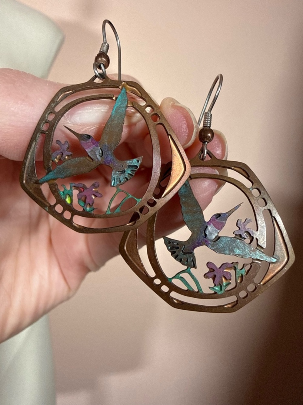 Artisan Handmade humming bird mixed metal vintage southwestern earrings - Picture 8 of 13